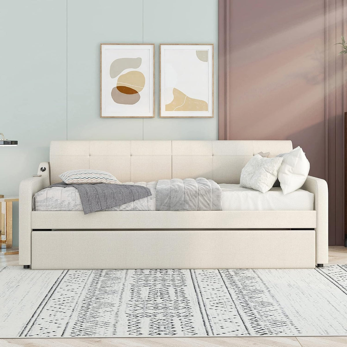 Twin Size Upholstered Daybed with Trundle and USB Charging Port, Pop-Up Trundle Flat or Elevated, Woven Fabric Day