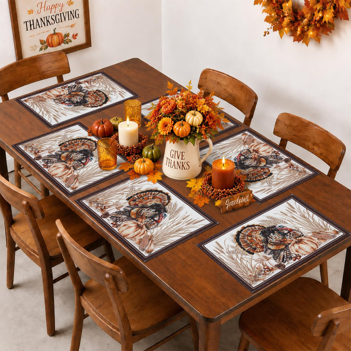Thanksgiving Placemats 12 x 18 Inch Set of 6, Fall Autumn Harves Turkey Pumpkin Place Mats for Dining Table