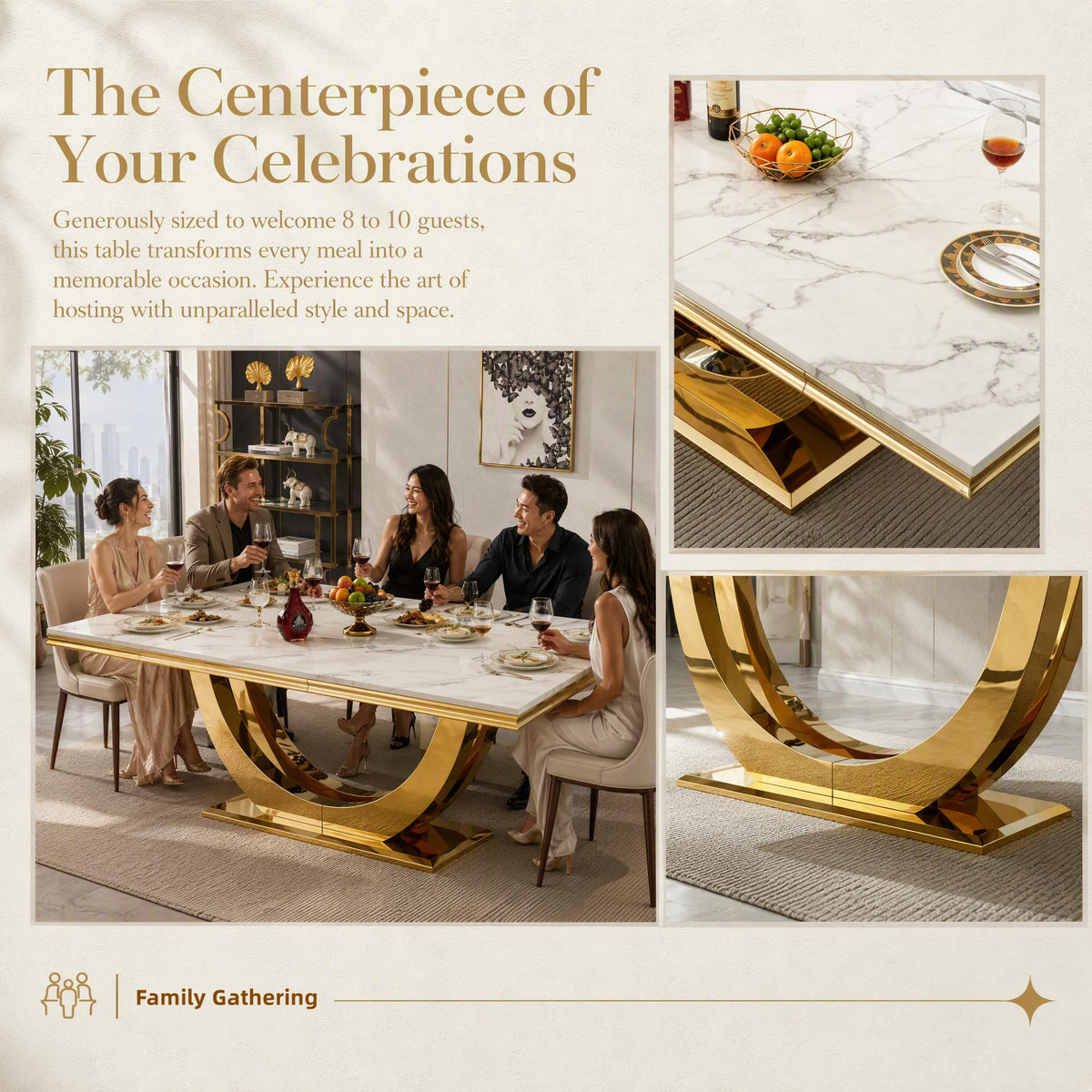 94" Faux Marble Dining Table for 8-10 Gold Stainless Steel Base