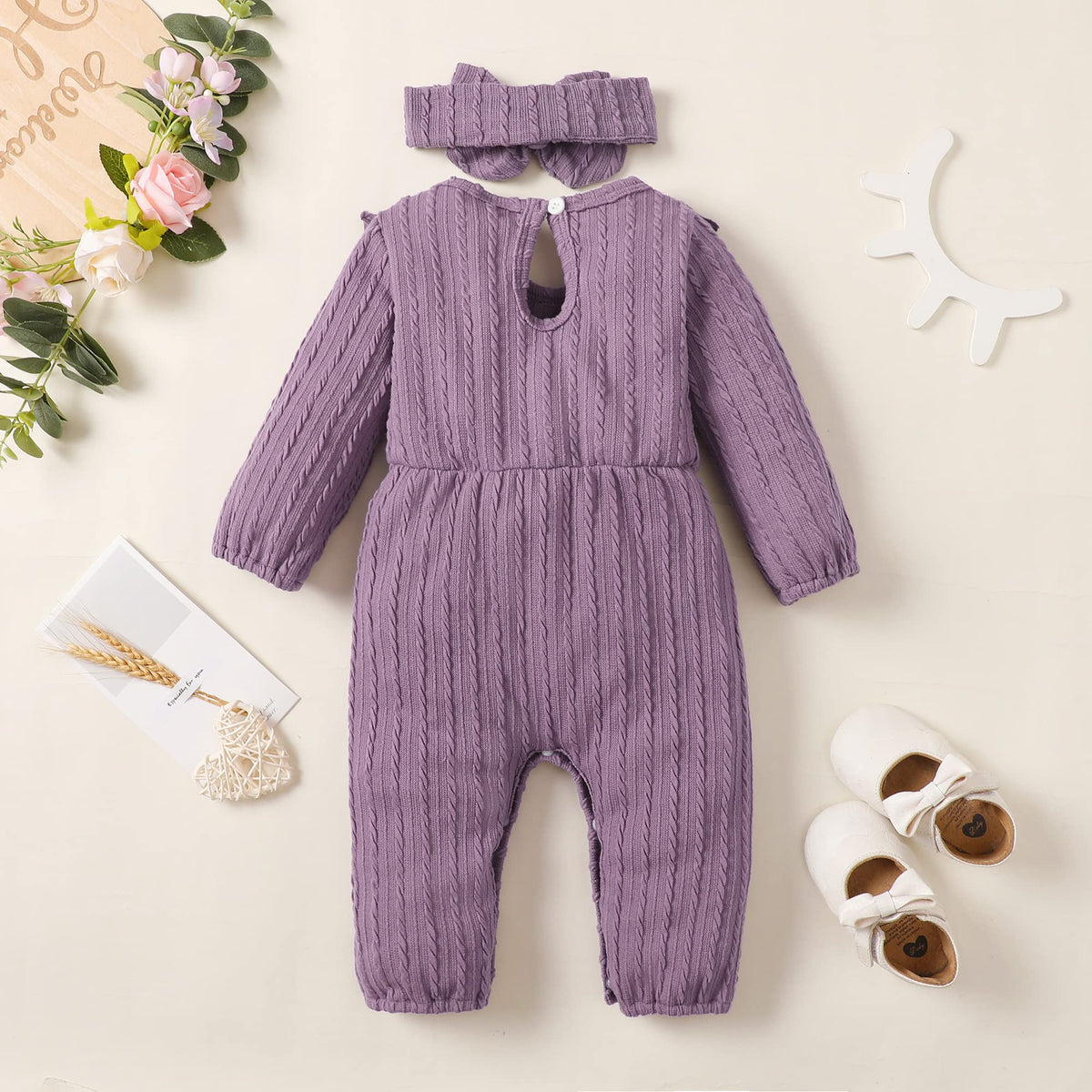 Baby Girl Romper Infant Fall Winter Clothes Ruffle Sweater Long Sleeve Bodysuit Jumpsuit and Headband