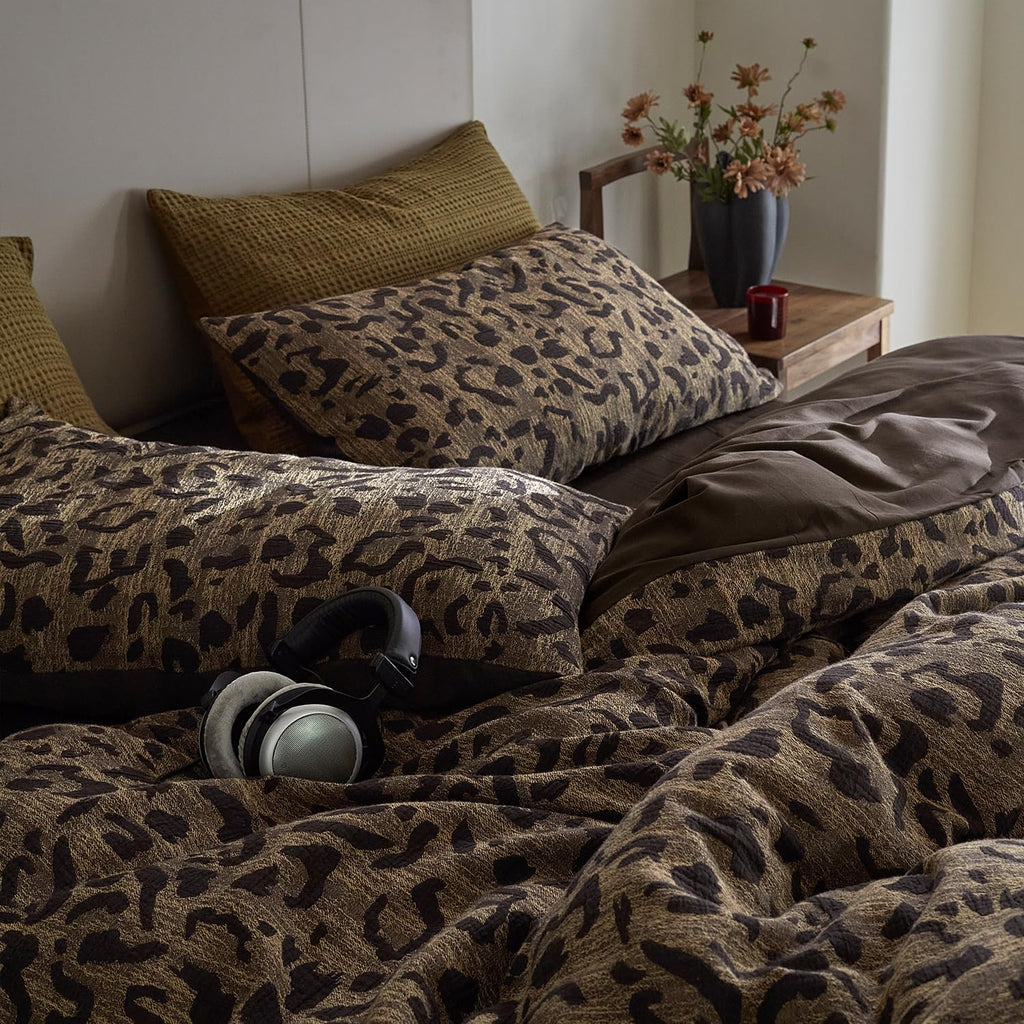 Leopard Print Duvet Cover Queen Golden and Brown Floral Bedding Set Animal Cheetah Jacquard Pattern Muslin Yarn-Dyed