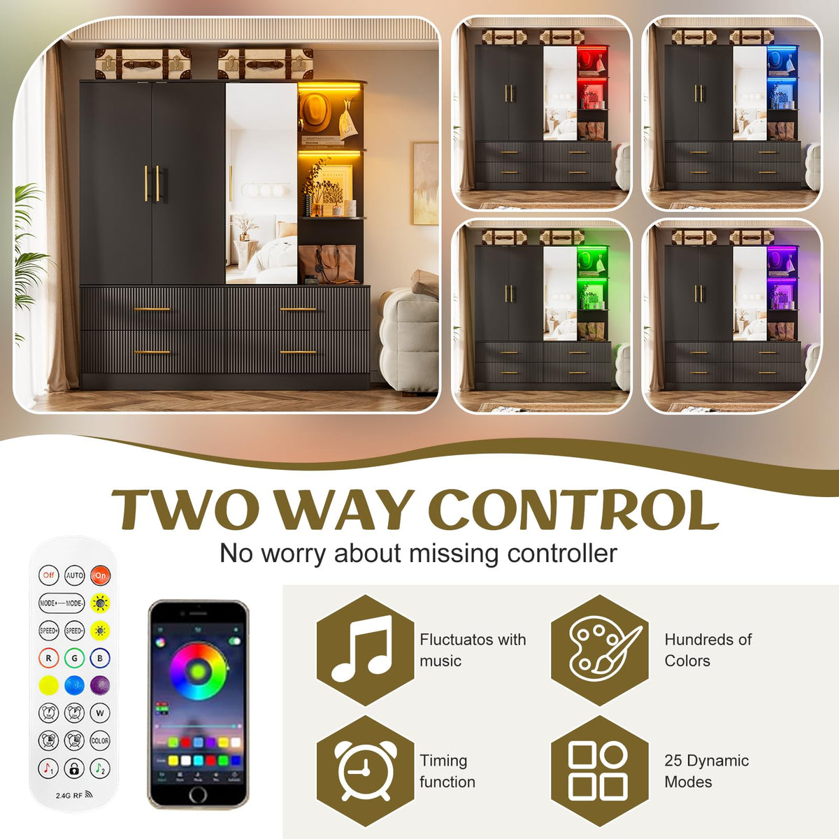 Armoire Wardrobe Closet with 3 Door, Mirror, LED Lights