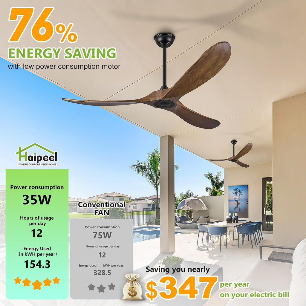 52" Wood Outdoor Ceiling Fan with Remote, No Light