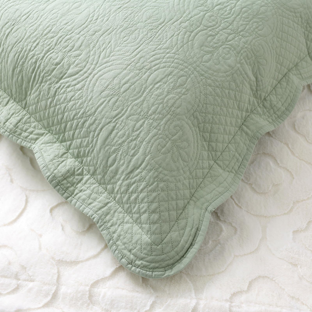 Quilted Pillow Sham Sage Green Standard Cotton Medallion Damask Set of 2 Embroidered Floral Scalloped Pillowcases