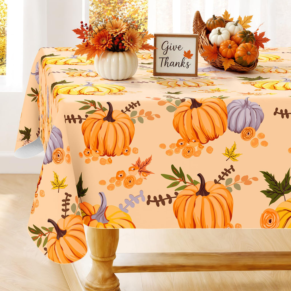Fall Rectangle Table Cloth, Waterproof Vinyl Tablecloth with Flannel Backing, Wipeable Autumn Pumpkin Plastic Table