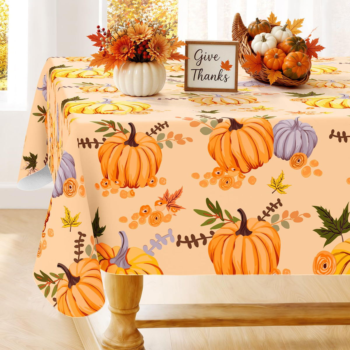 Fall Rectangle Table Cloth, Waterproof Vinyl Tablecloth with Flannel Backing, Wipeable Autumn Pumpkin Plastic Table