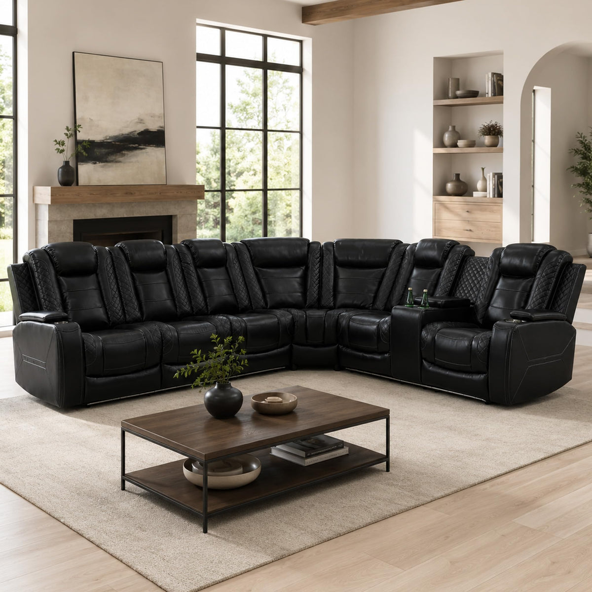 Black Power Reclining Leather Sectional Couch, LED Lighting Recliner Sofa with Storage Console, Cup Holders &