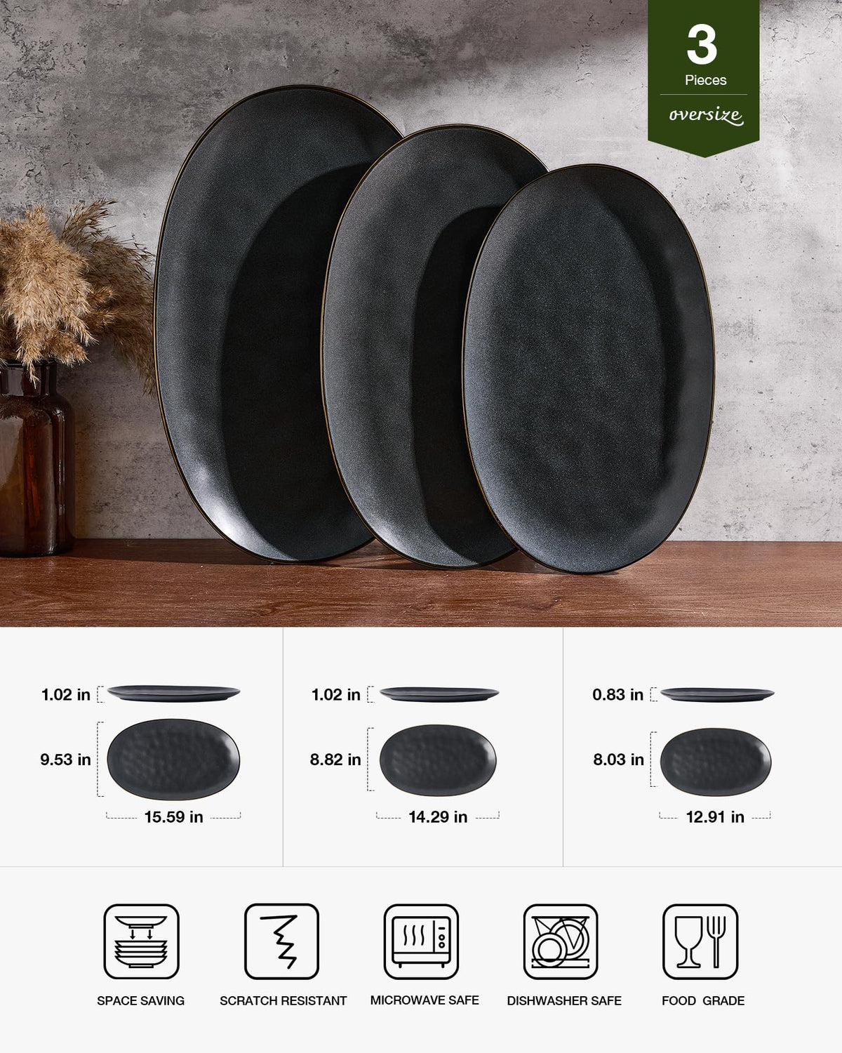 Serving Platters Set of 3 Sizes - Oval, Matte Dark Charcoal