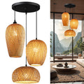 Bamboo Pendant Lights, 3 Headlights E26 E27 Retro Rustic Yellow Bamboo Wicker Rattan Woven Chandelier Lamp Shade