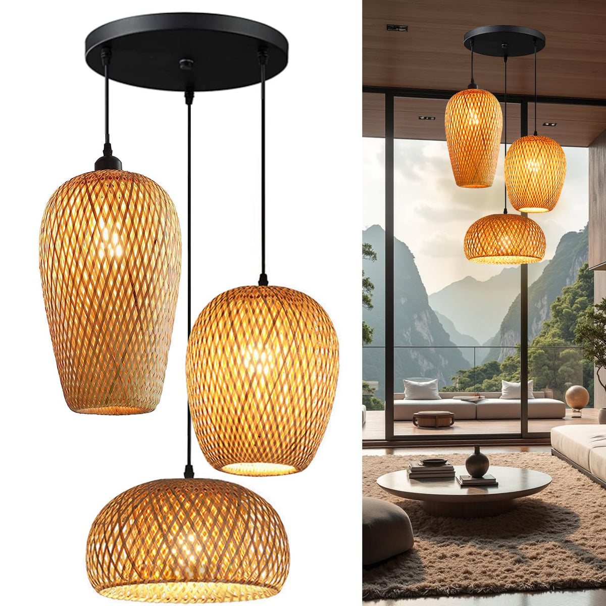 Bamboo Pendant Lights, 3 Headlights E26 E27 Retro Rustic Yellow Bamboo Wicker Rattan Woven Chandelier Lamp Shade