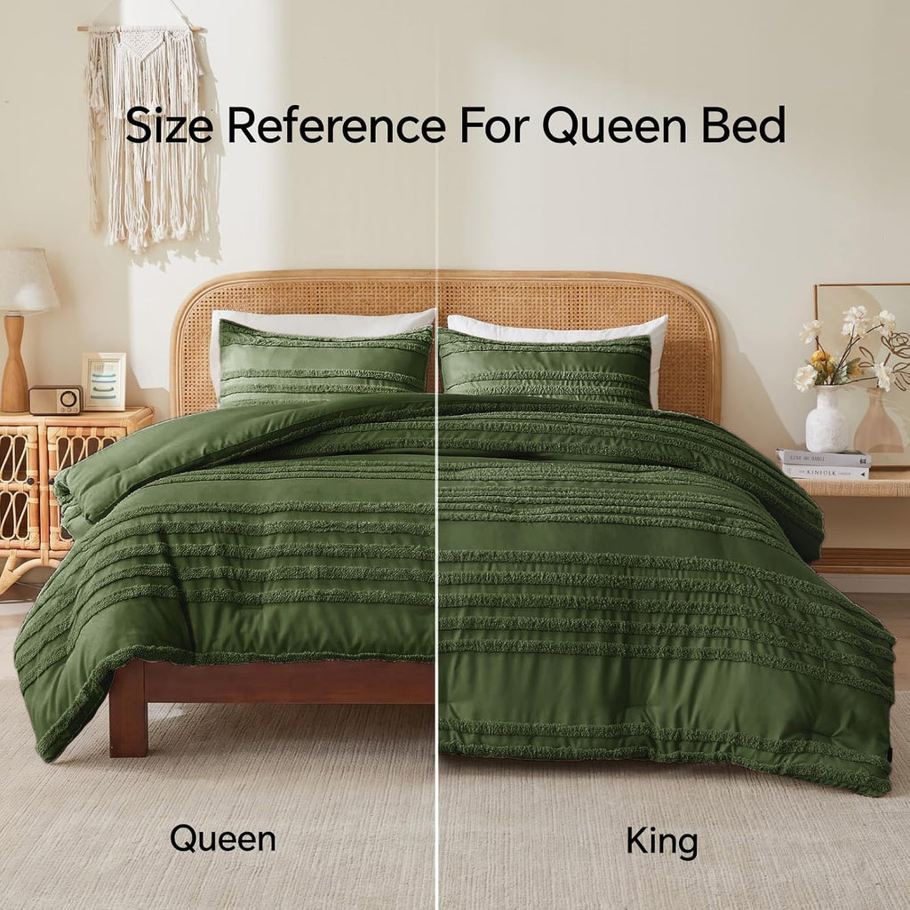 Boho Comforter Set - Tufted Boho Bedding Set, Olive Green