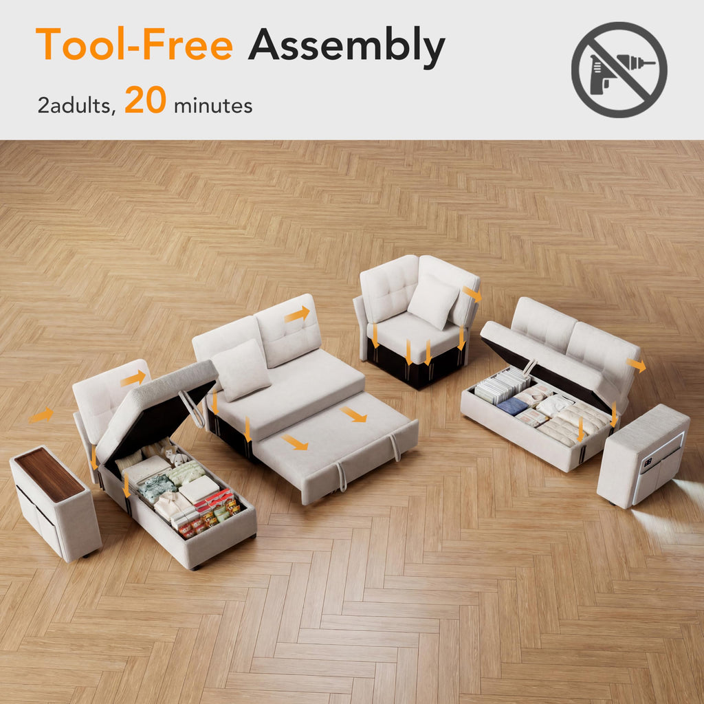 112" Modular Sectional Sleeper Sofa with Pull Out Bed, Chenille Modern 7 Seat L Shaped Couch with Reclining