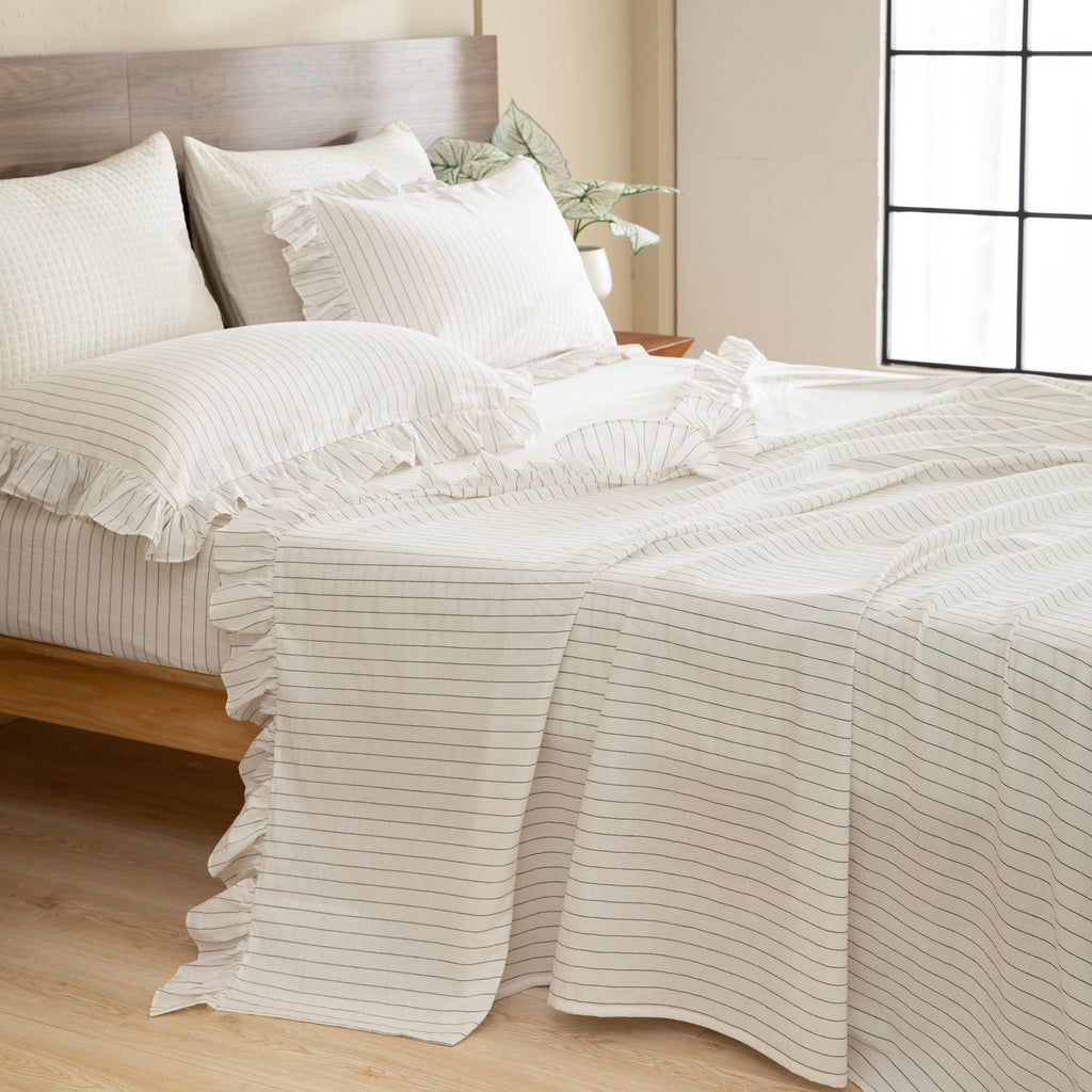 White Grey Stripe Sheet Set, Ruffle, Cotton, 17.5" Deep Pocket
