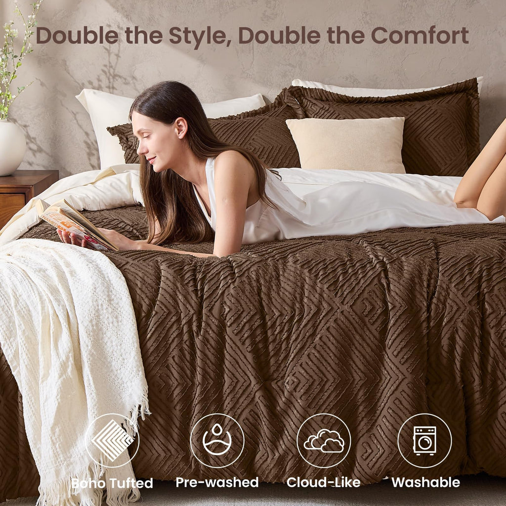 XL Comforter Set 5-Piece, Boho Tufted Bed in a Bag, Brown