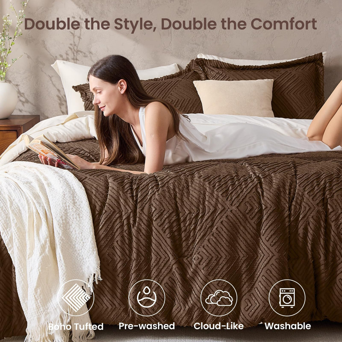 XL Comforter Set 5-Piece, Boho Tufted Bed in a Bag, Brown