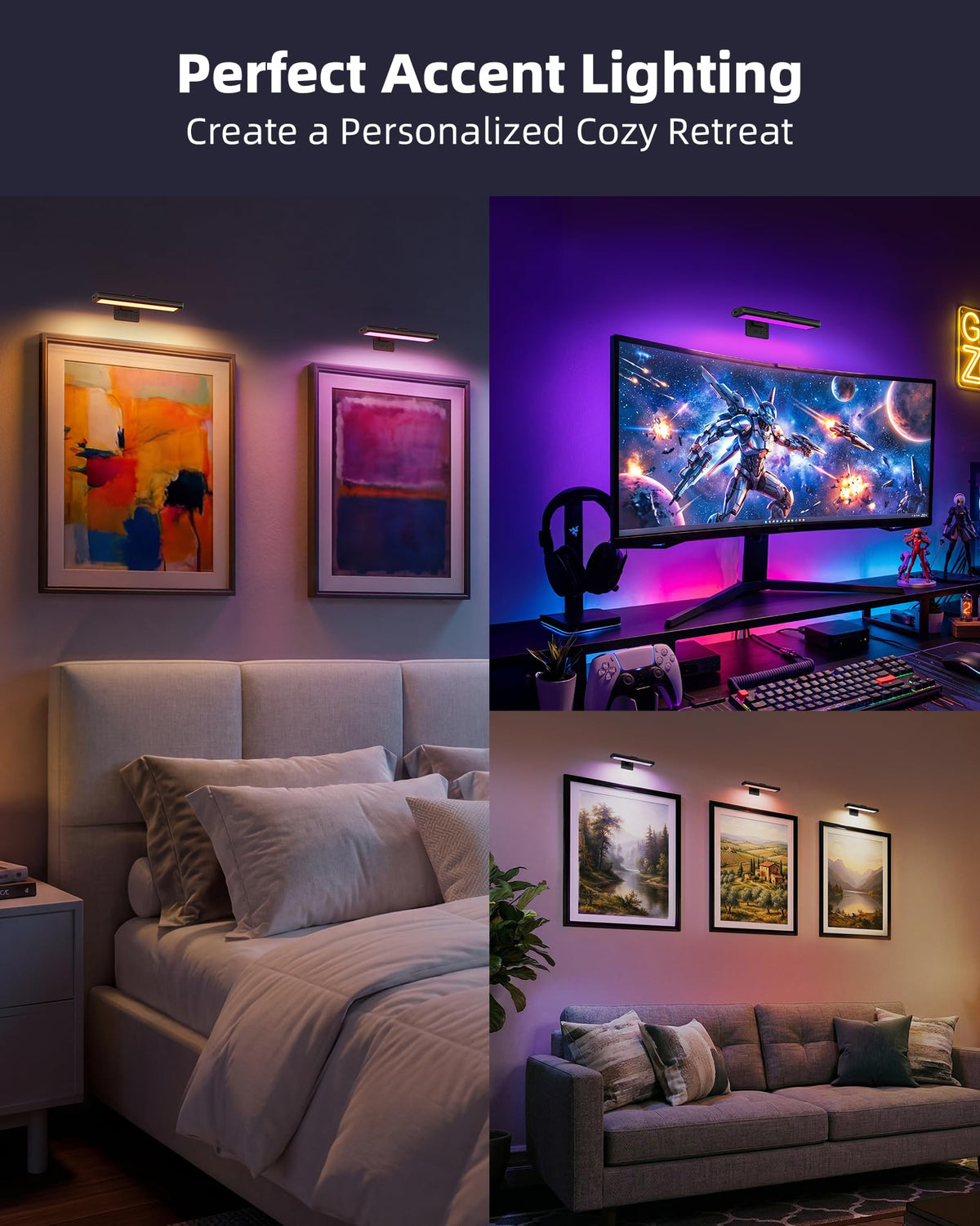 RGB Picture Light for Wall, 2400mAh Wireless Rechargeable Color Changing Art Light with Remote, 16 Colors, Dimmable