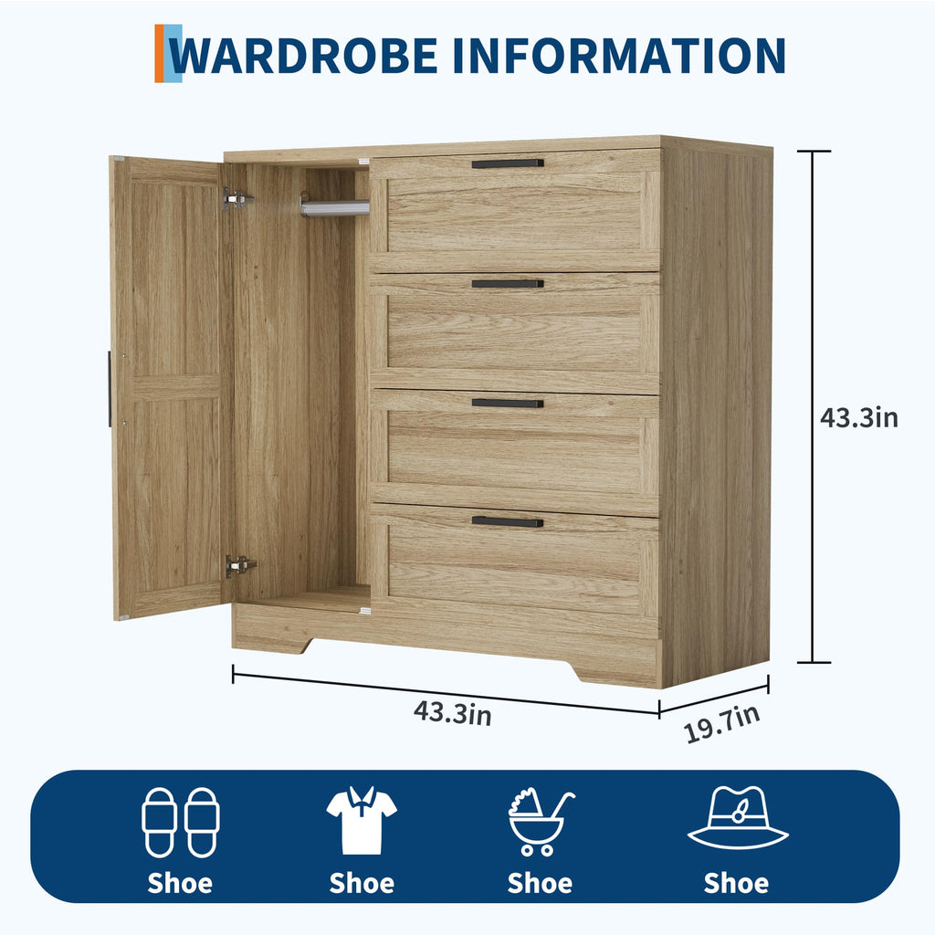 Wood Armoire Wardrobe Closet with 4 Drawers and Door, 43.3 in H Bedroom Wardrobe Cabinet with Hanging Rod, Clothing