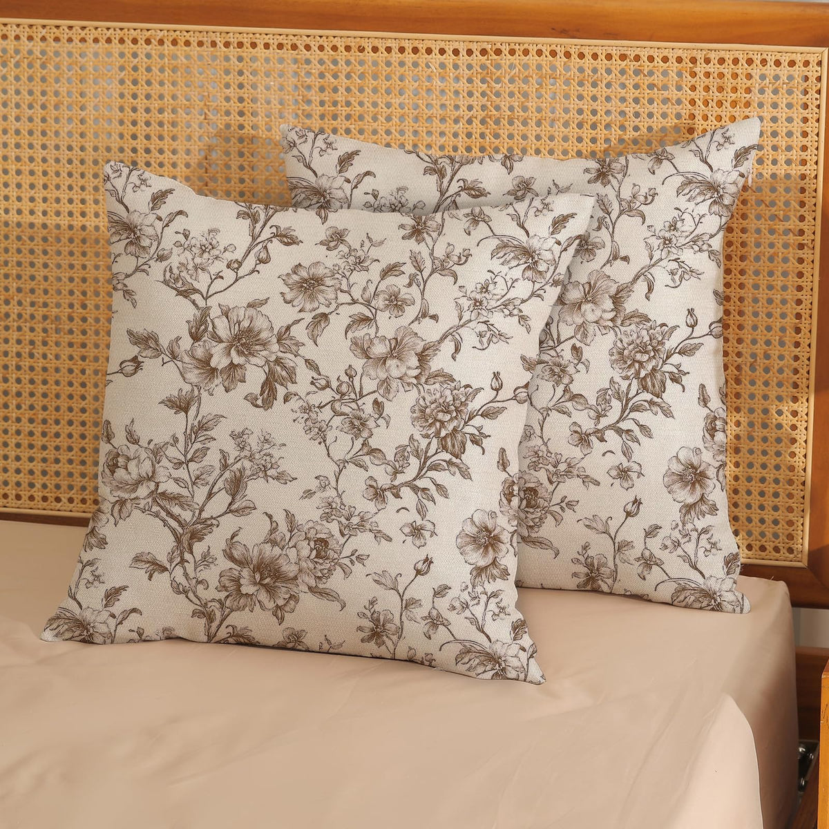 Brown Pillow Covers 18x18 Set of 2 Brown and Cream Floral Chinoiserie Throw Pillows Vintage Rustic Toile Flower