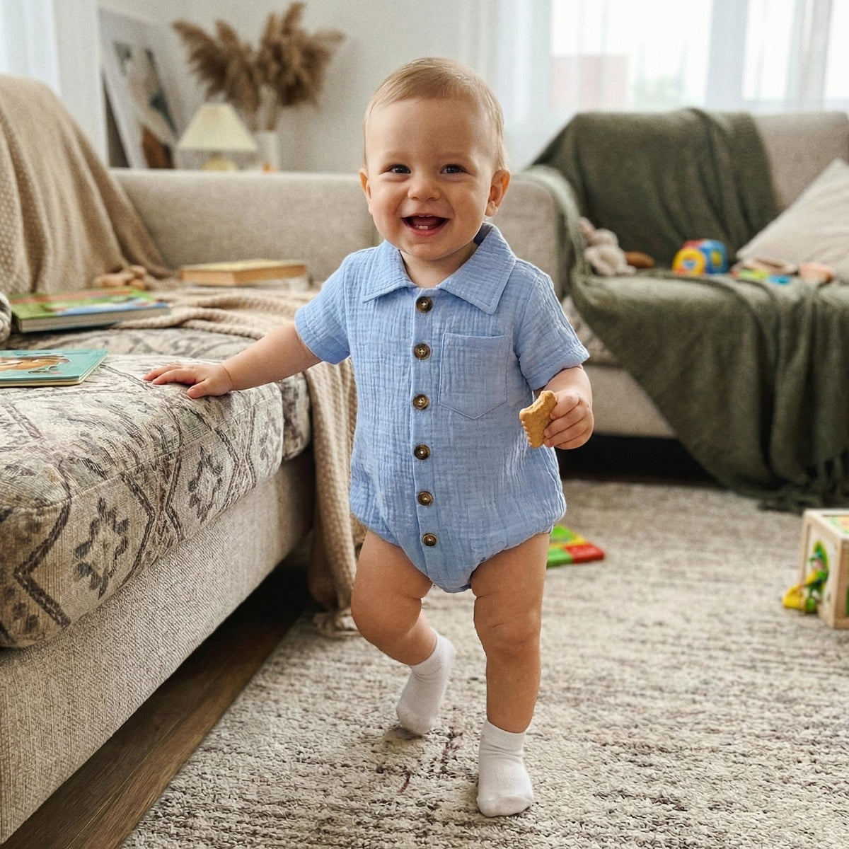 Infant Baby Boy Summer Clothes Muslin Button Up Shirt Bodysuit Short Sleeve Collared Bubble Romper One Piece Outfit