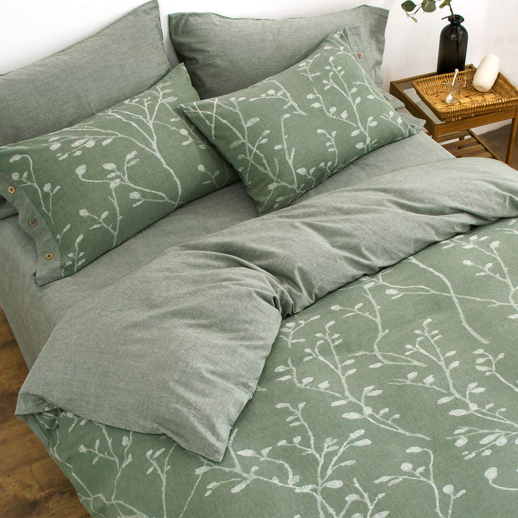 Duvet Cover Set Size Washed Cotton Yarn, Jacquard Green and White Thick Branch Pattern Floral Style 3Piece