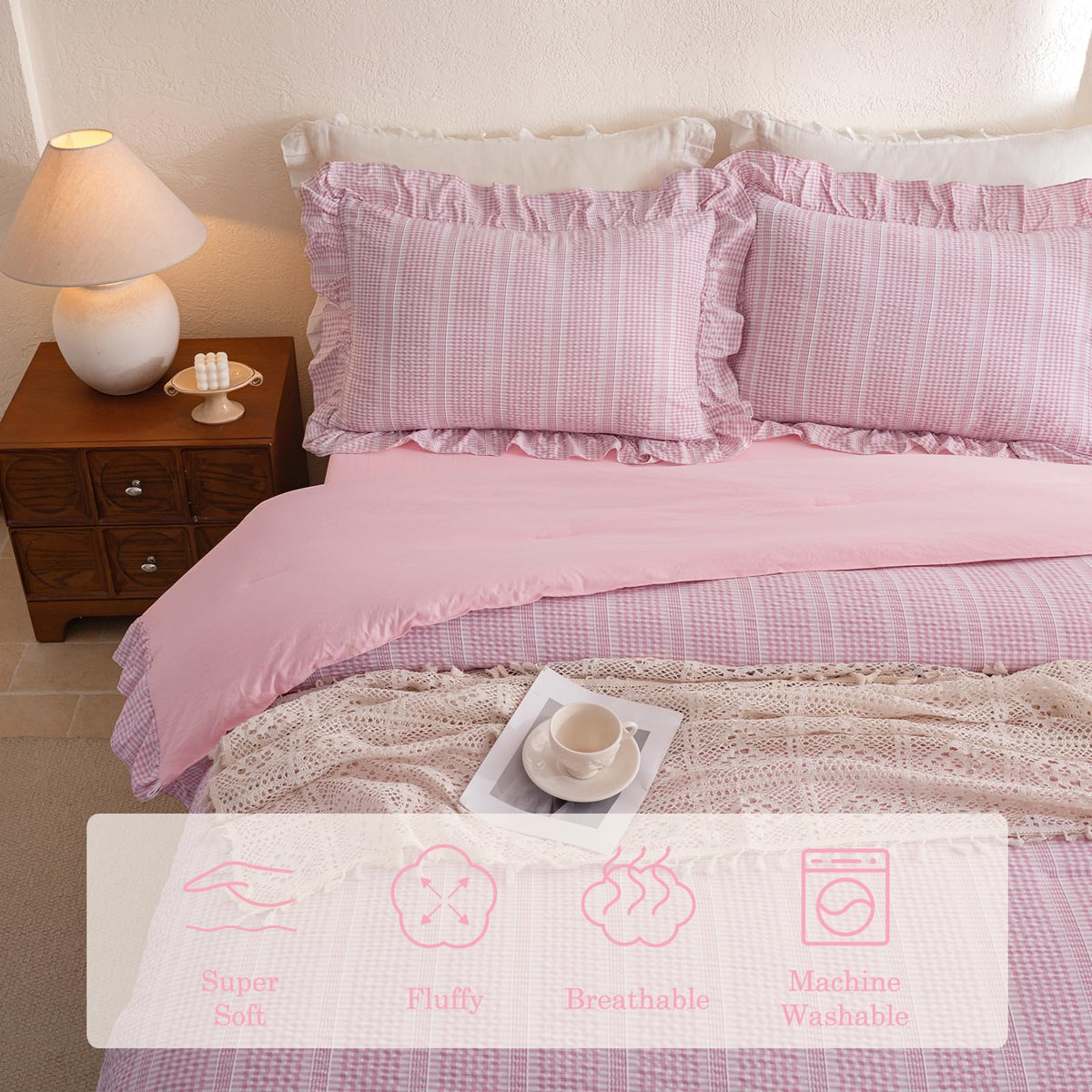 Gingham Comforter Set Pink Seersucker Ruffle Bedding Set