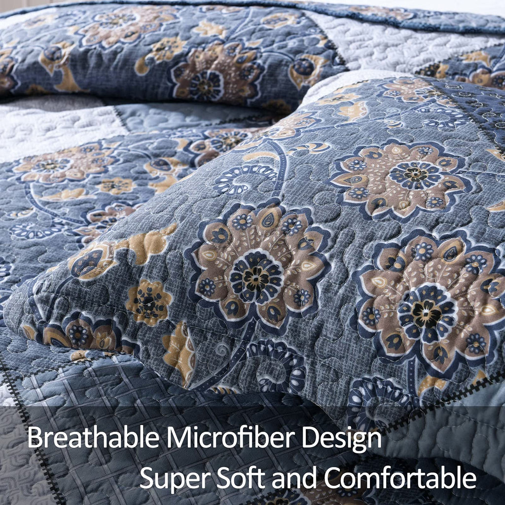 Navy Blue Plaid Floral Quilt Set 98"x106", 3 Pcs Boho Bedspread Coverlet Set for All Season, Patchwork