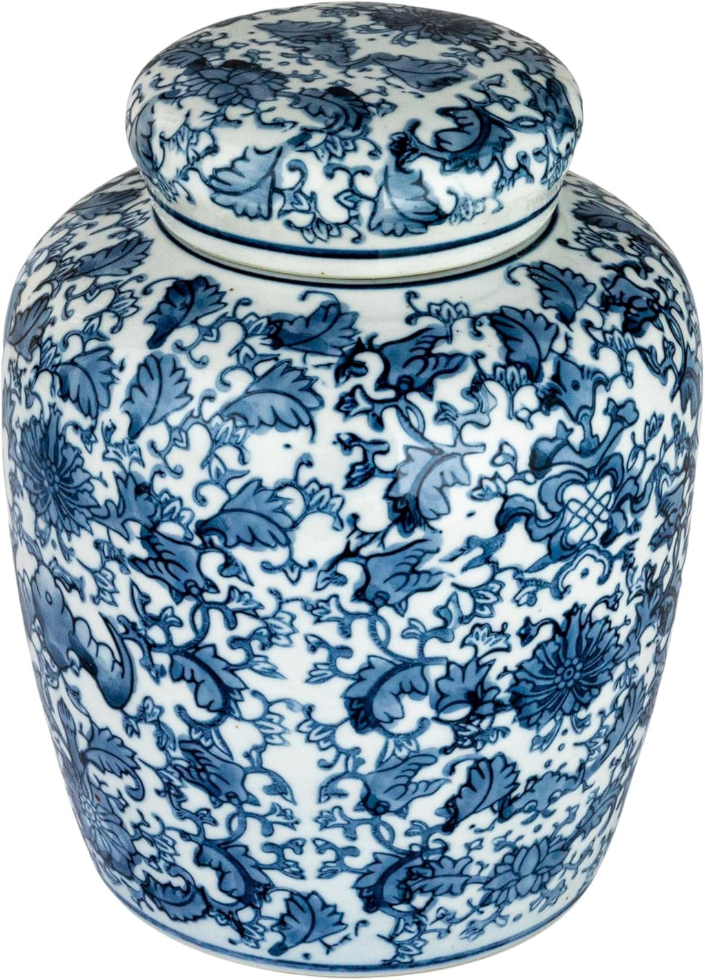 Medium Decorative Ceramic Ginger Jar with Lid, Blue and White Floral Pattern