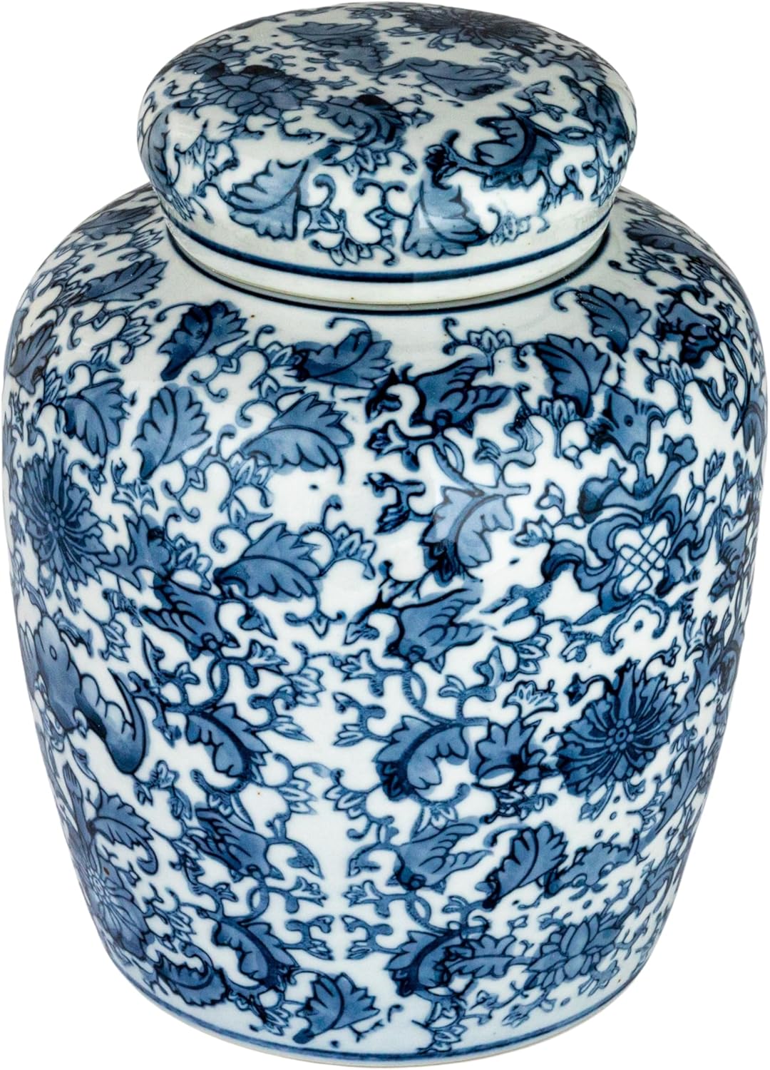 Medium Decorative Ceramic Ginger Jar with Lid, Blue and White Floral Pattern