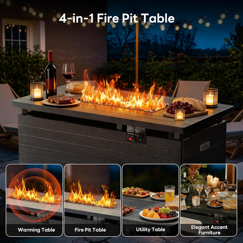 50” Outdoor Propane Fire Pit Table, 50,000 BTU Rectangular Gas Fire Pit with Lid & Blue Crystal Stones, Steel Tabletop, Adjustable Flame, 4-in-1