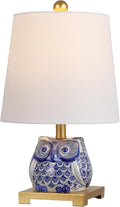 16" Blue/White Ceramic Owl Mini Table Lamp or Office, Modern Farmhouse Nightstand Lamp with White Linen Shade