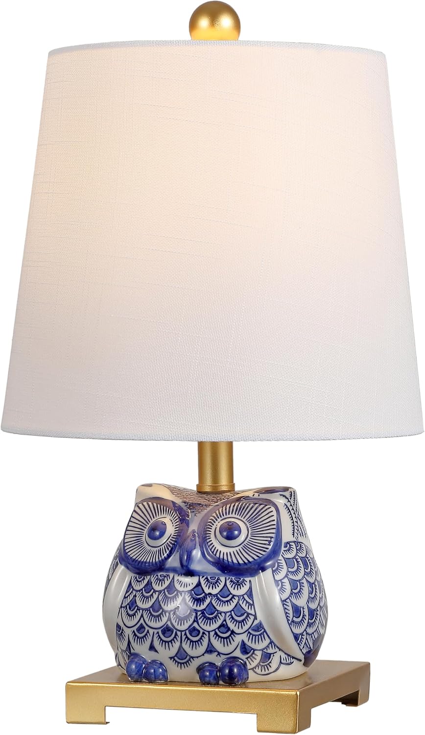 16" Blue/White Ceramic Owl Mini Table Lamp or Office, Modern Farmhouse Nightstand Lamp with White Linen Shade