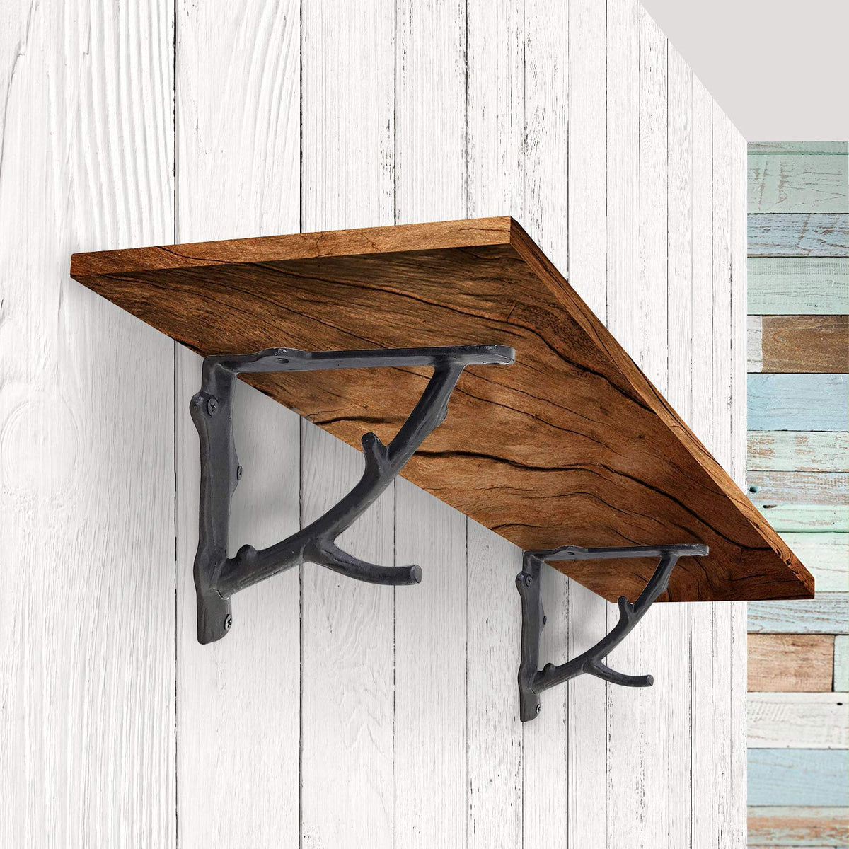 Decorative Shelf Brackets, 2 Pack of 7 x 2 x 7.3 inch, Black Cast Iron Rustic Shelf Brackets - Metal Shelf Brackets