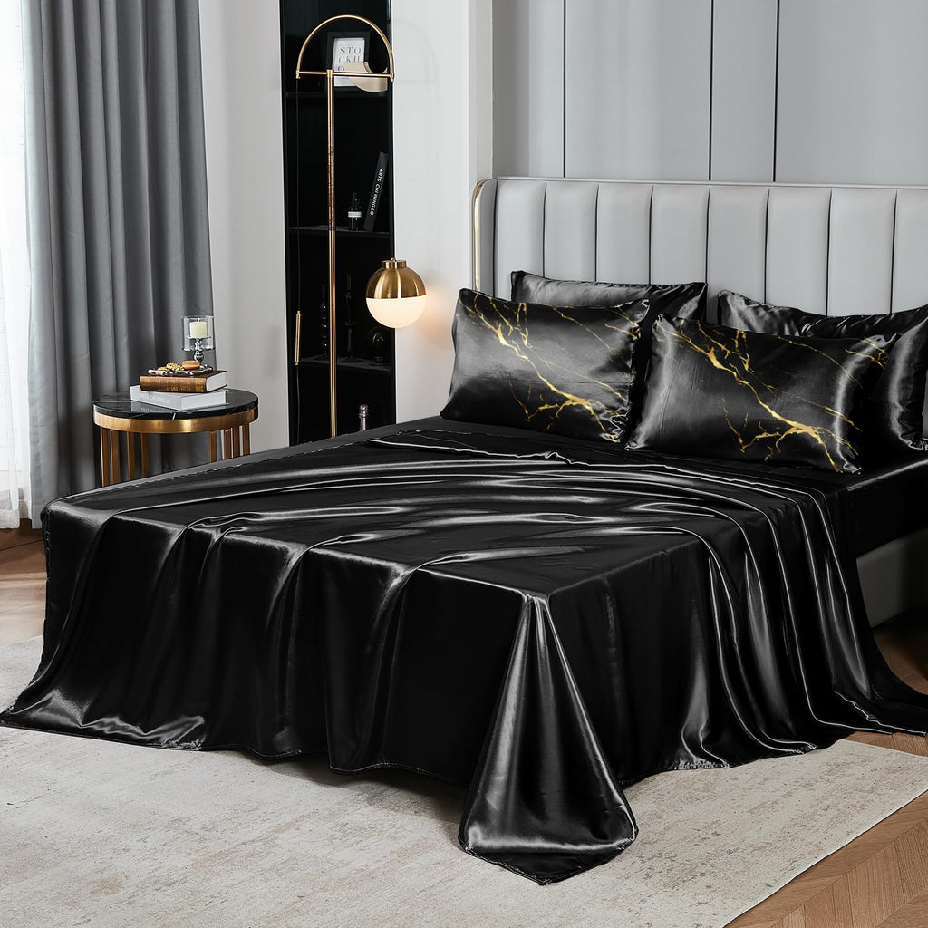 Black Gold Marble Comforter with Sheet Set 8 Pcs Bed in A Bag Satin Bedding Set Luxury Hotel Silky Bed