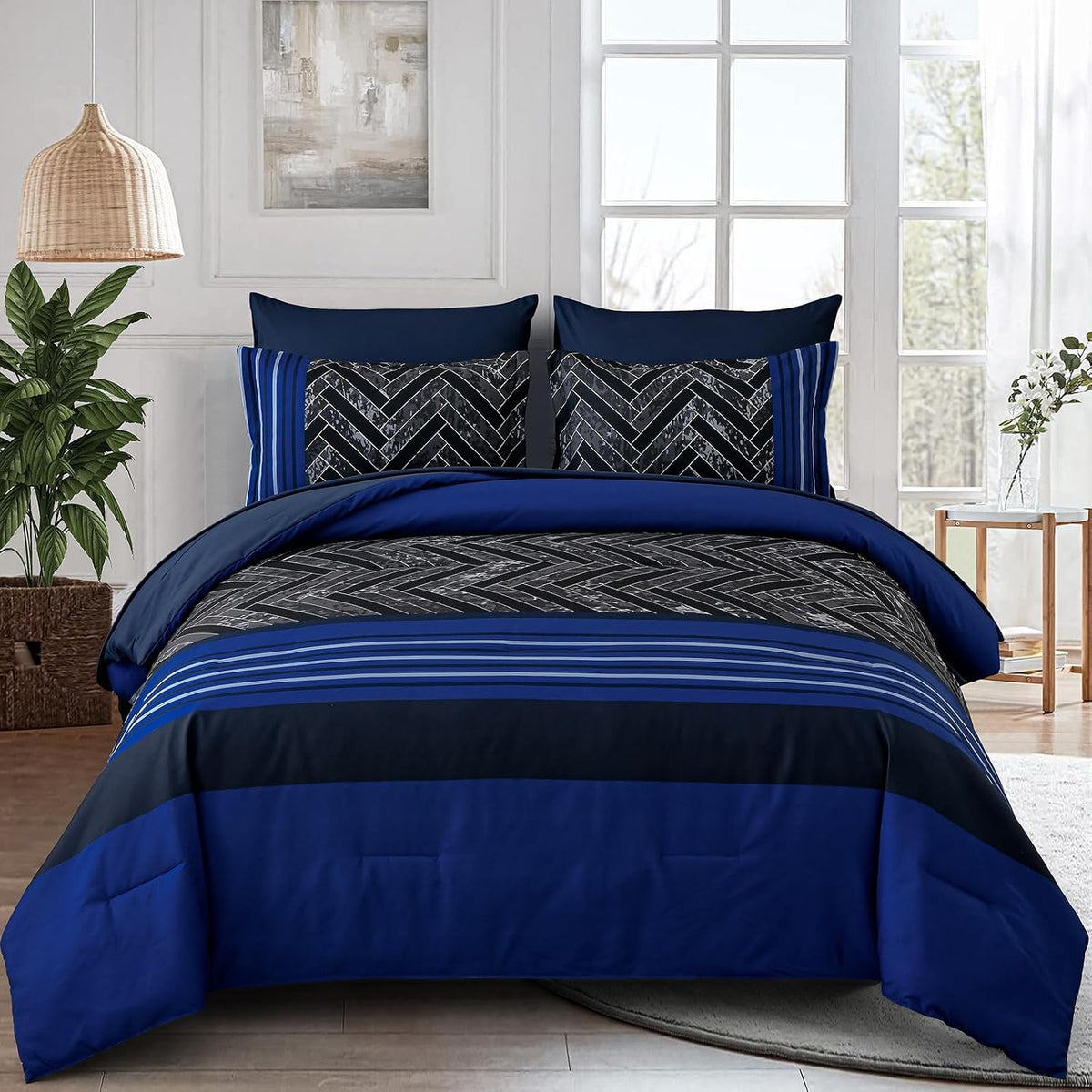 Blue Striped Boho Comforter Set, Complete 7-Piece Bed in a Bag