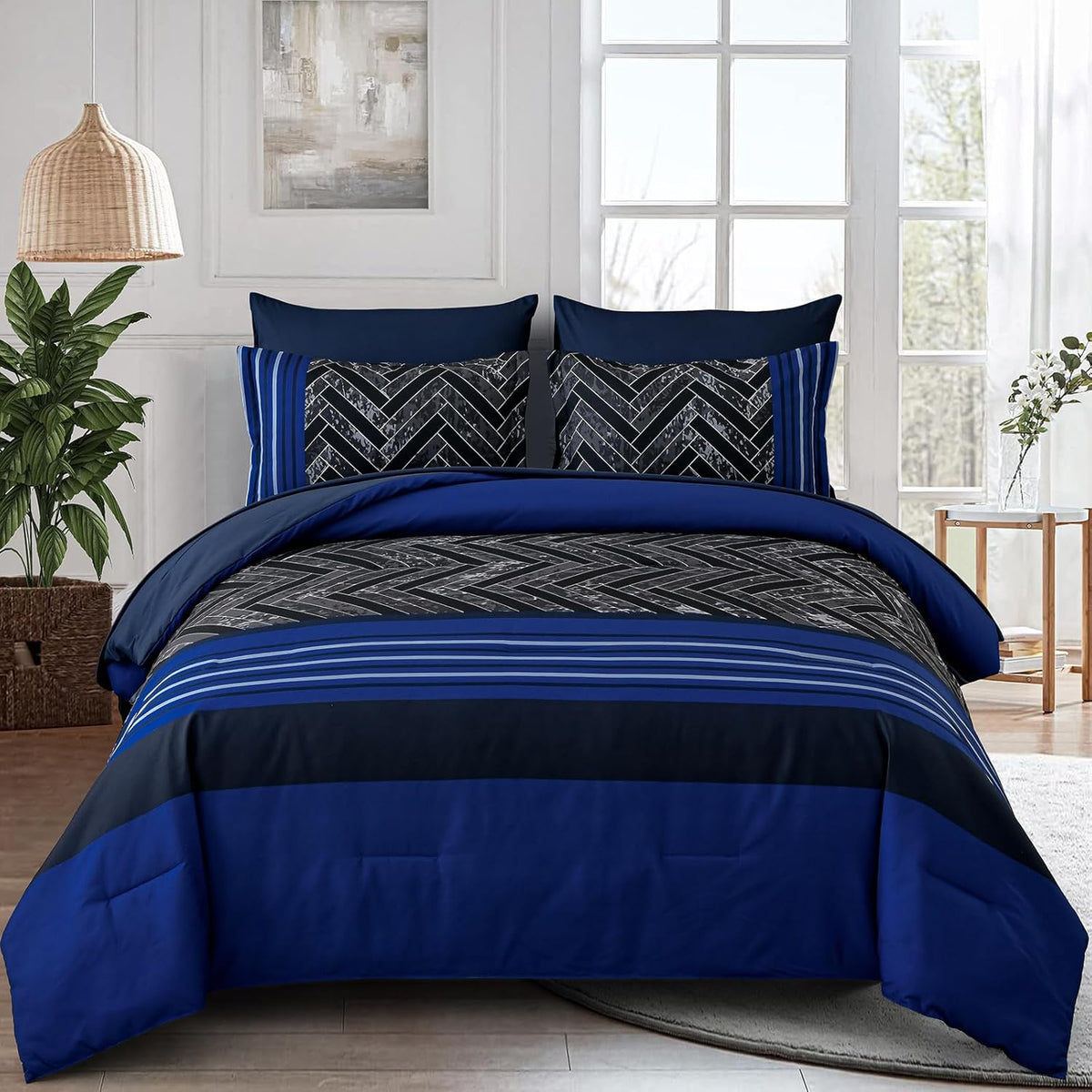 Blue Comforter Set, 7 Pieces Stripe Geometric Bed in a Bag, Geometric Comforter and Sheet Set