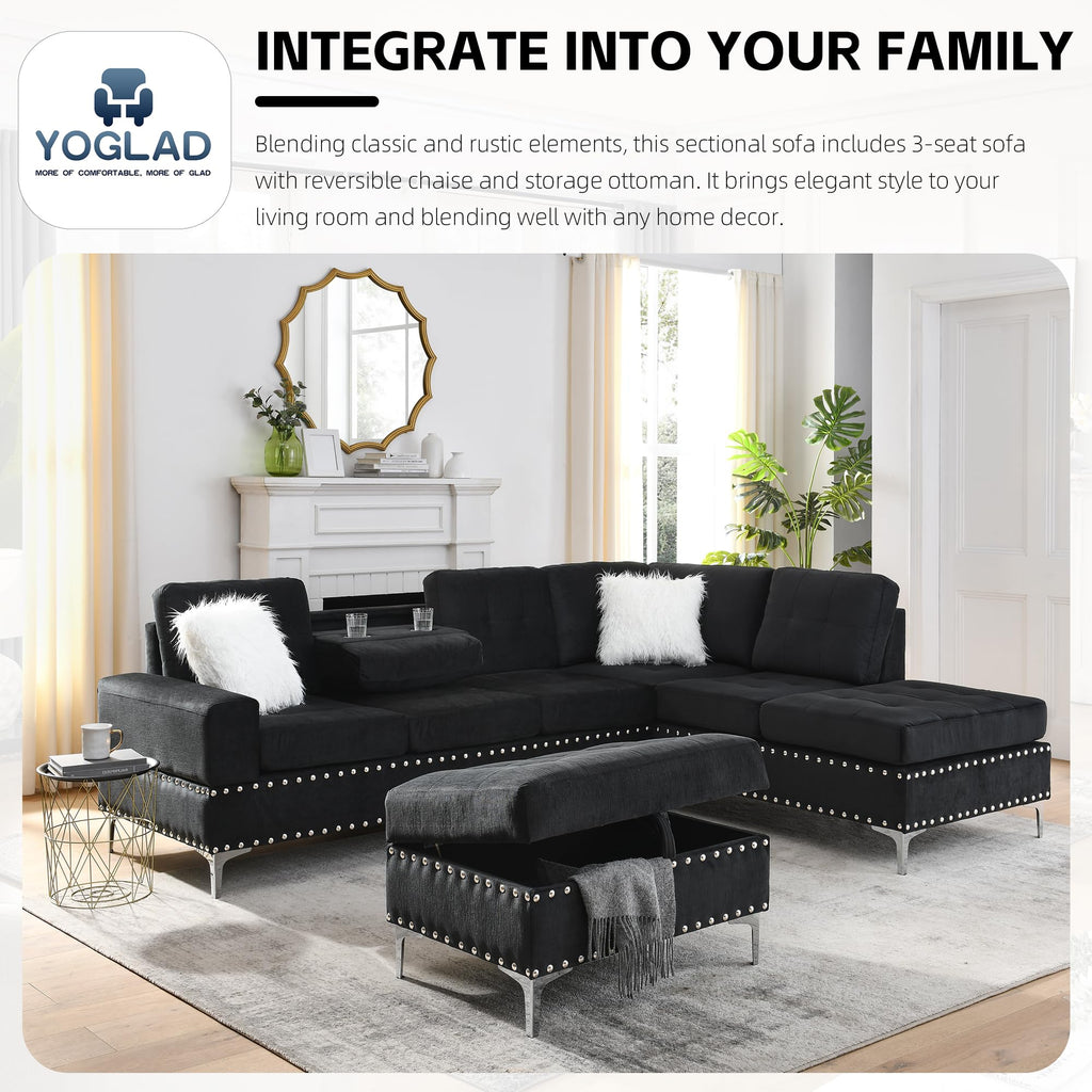 108'' Sectional Couches, Modular 5-Seater Couch Sofa with Reversible Chaise & Cup Holders, L-Shaped Corner Sofa with