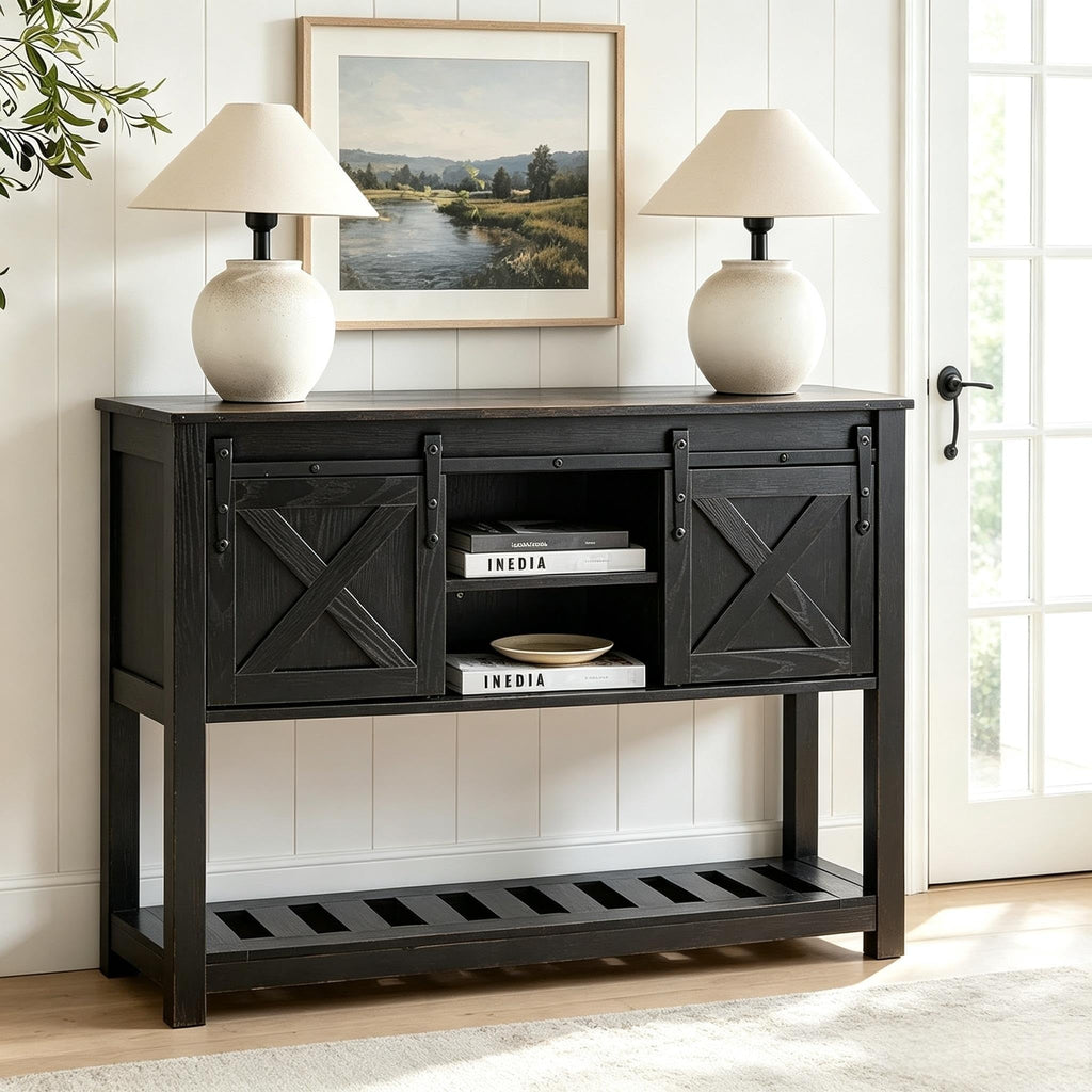 Farmhouse Entryway Table with Sliding Barn Doors, Wood Console Table with Storage Shelf, Rustic Sofa Table, Foyer