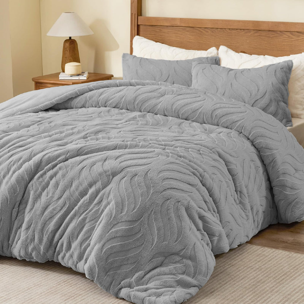 Fluffy Faux Fur Comforter Set, Fuzzy Bedding Set, Light Grey