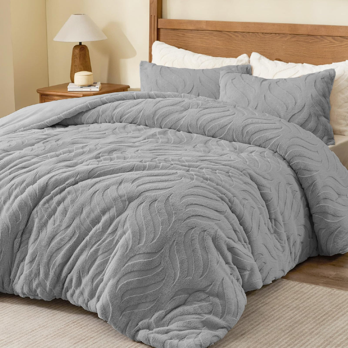 Fluffy Faux Fur Comforter Set, Fuzzy Bedding Set, Light Grey