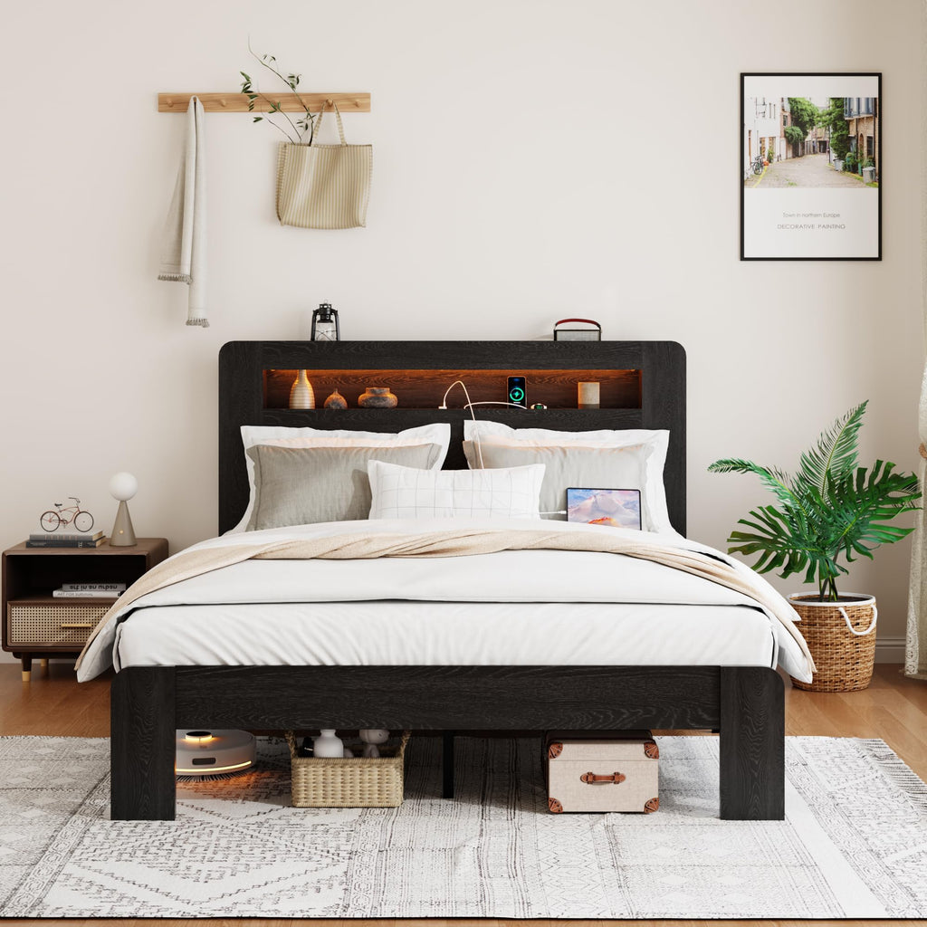 Wooden Bed Frame with Storage Headboard Farmhouse Bed Frame