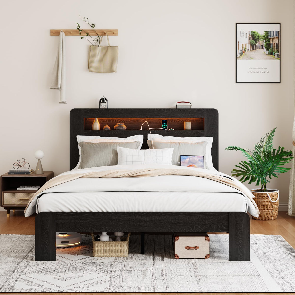 Wooden Bed Frame with Storage Headboard Farmhouse Bed Frame