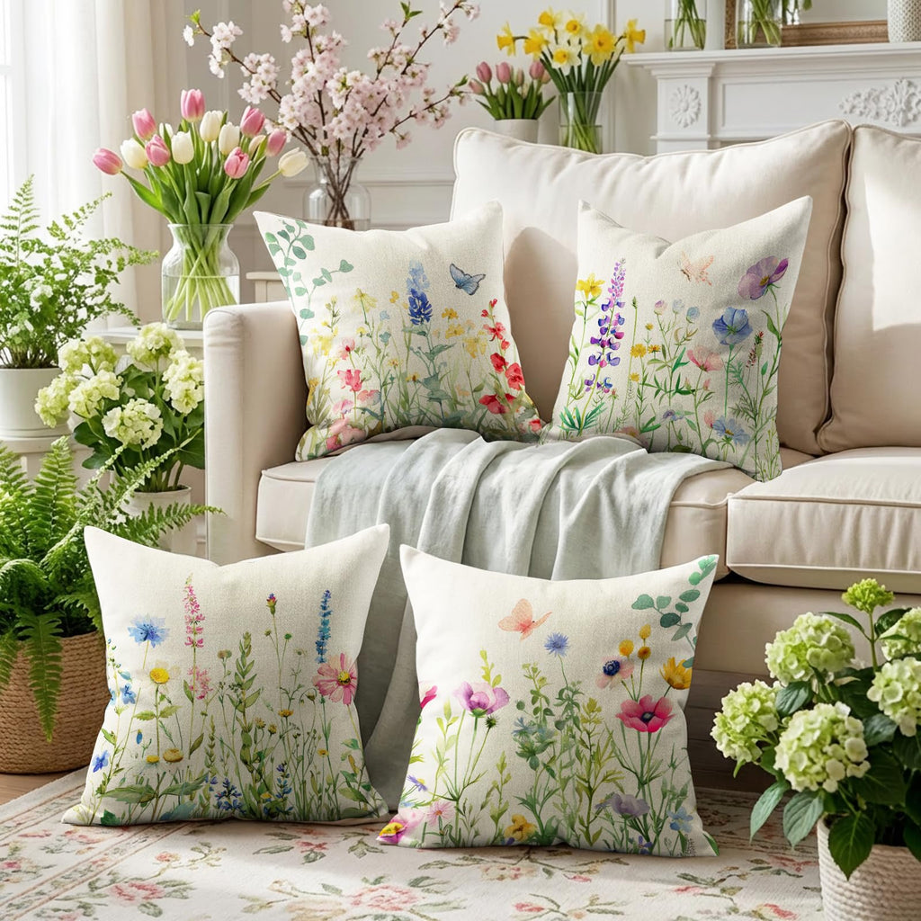 Spring Pillow Covers 20x20 inch Set of 4, Floral Flower Holiday Outdoor Farmhouse Seasonal Decorations for Sofa Couch