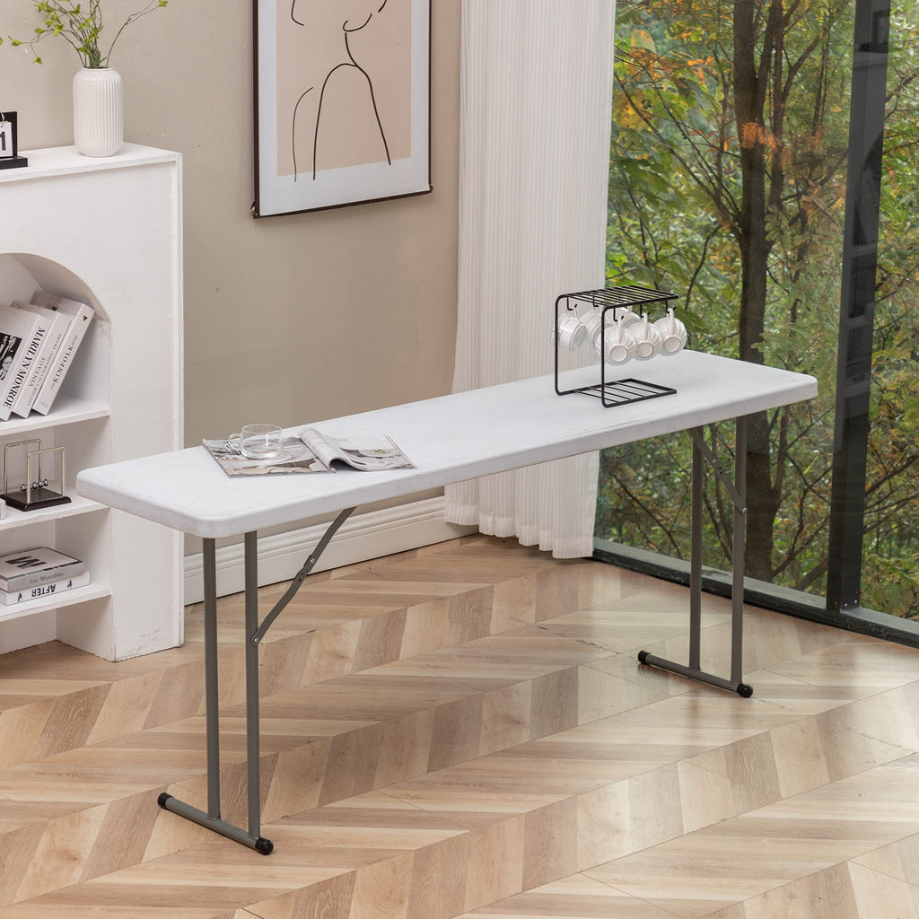 6-Foot - 72" Long White Plastic Folding Seminar Training Table Portable 18" Wide Narrow, 29" High, Events Indoor
