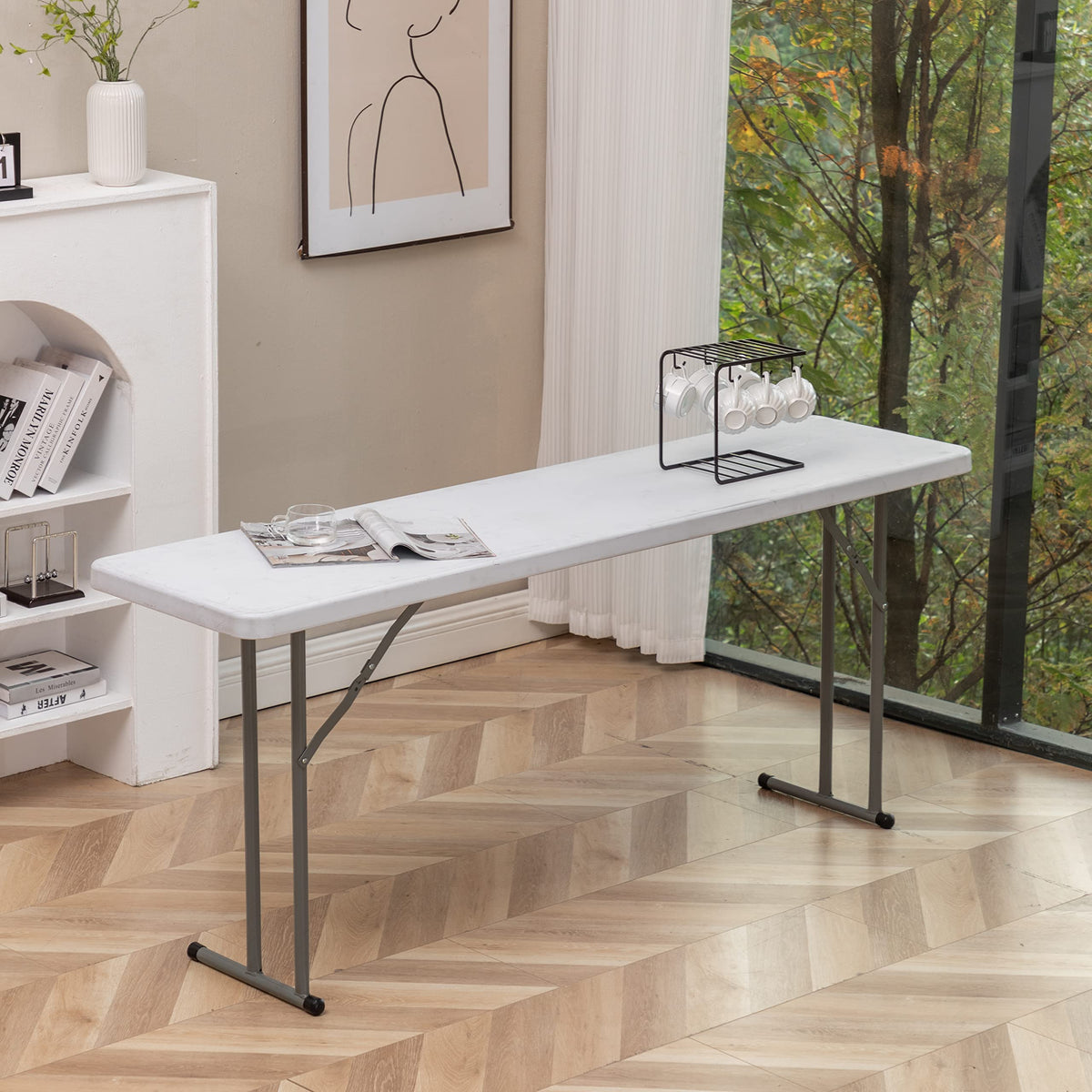 6-Foot - 72" Long White Plastic Folding Seminar Training Table Portable 18" Wide Narrow, 29" High, Events Indoor