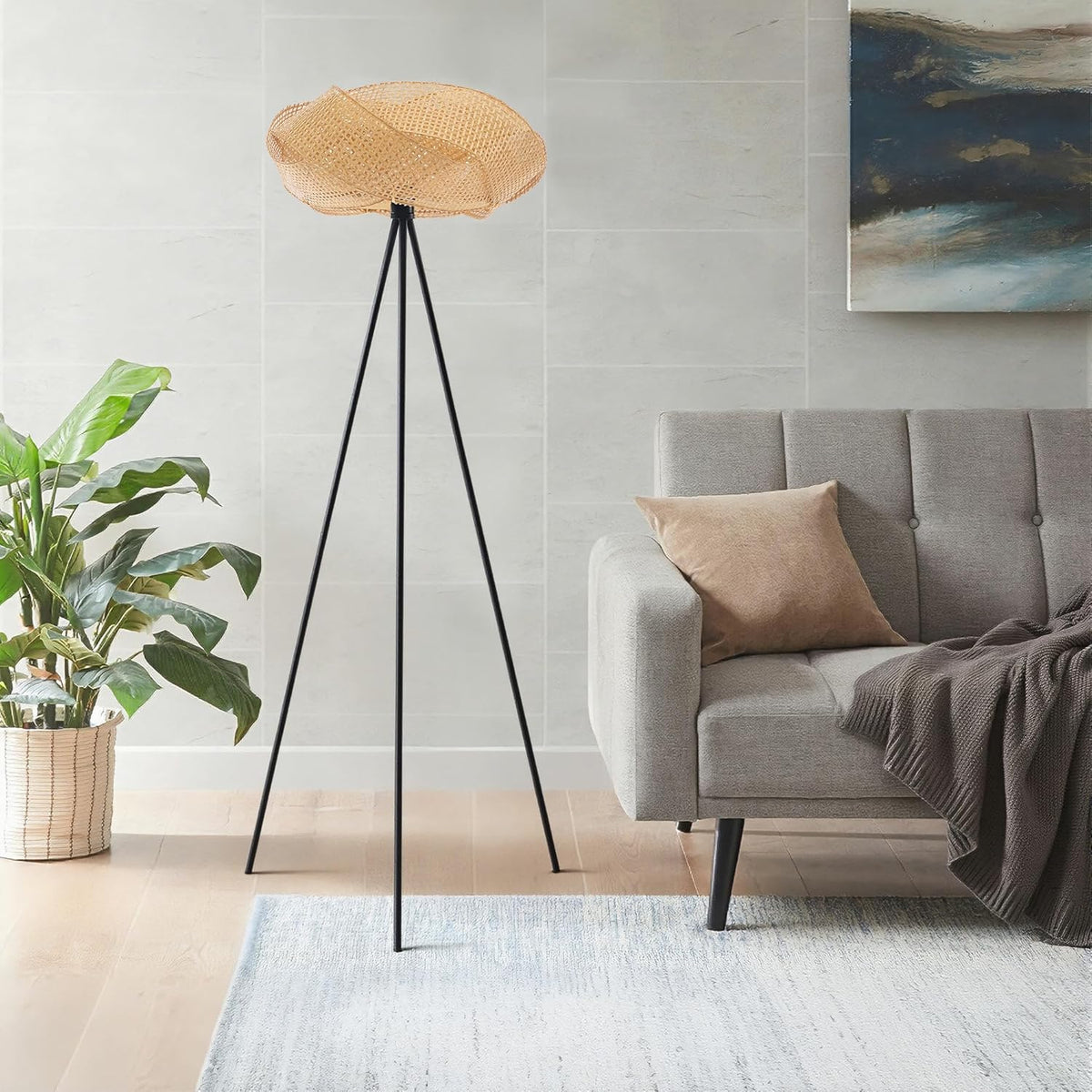 Bamboo Tripod Floor Lamp, Handwoven Lotus Shade Standing Lamp, Boho Natural Woven Light with Black Metal Stand Bedroom