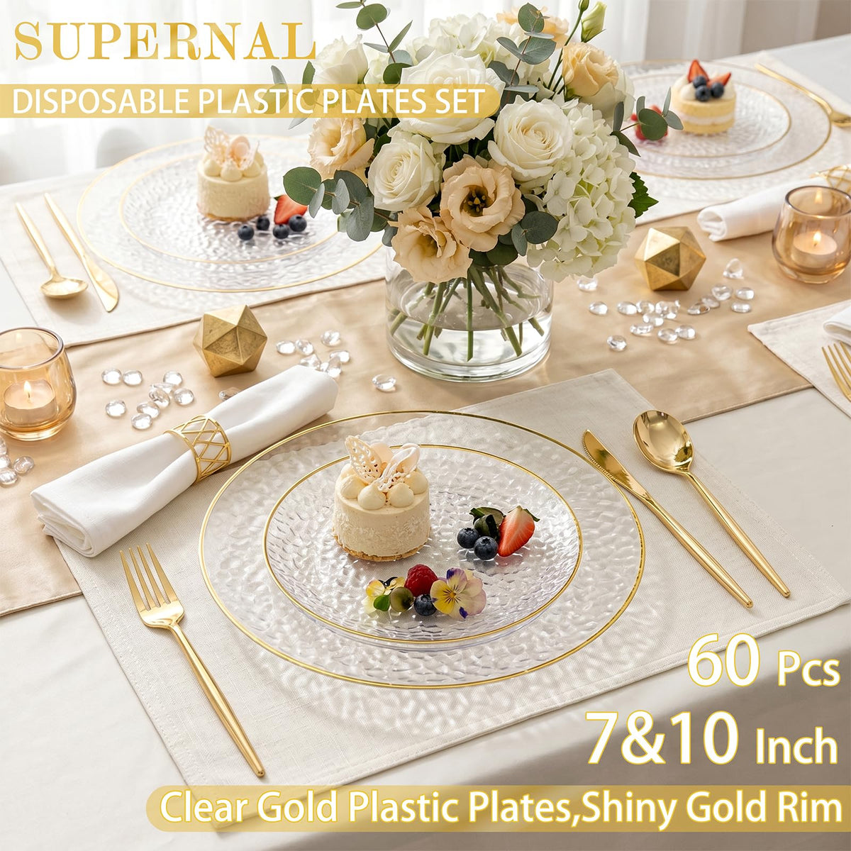 60Pcs Clear Plastic Plates, Clear Disposable Plates With Gold Rim, Heavy-duty Gold Plates, Hammered Party Plates Include