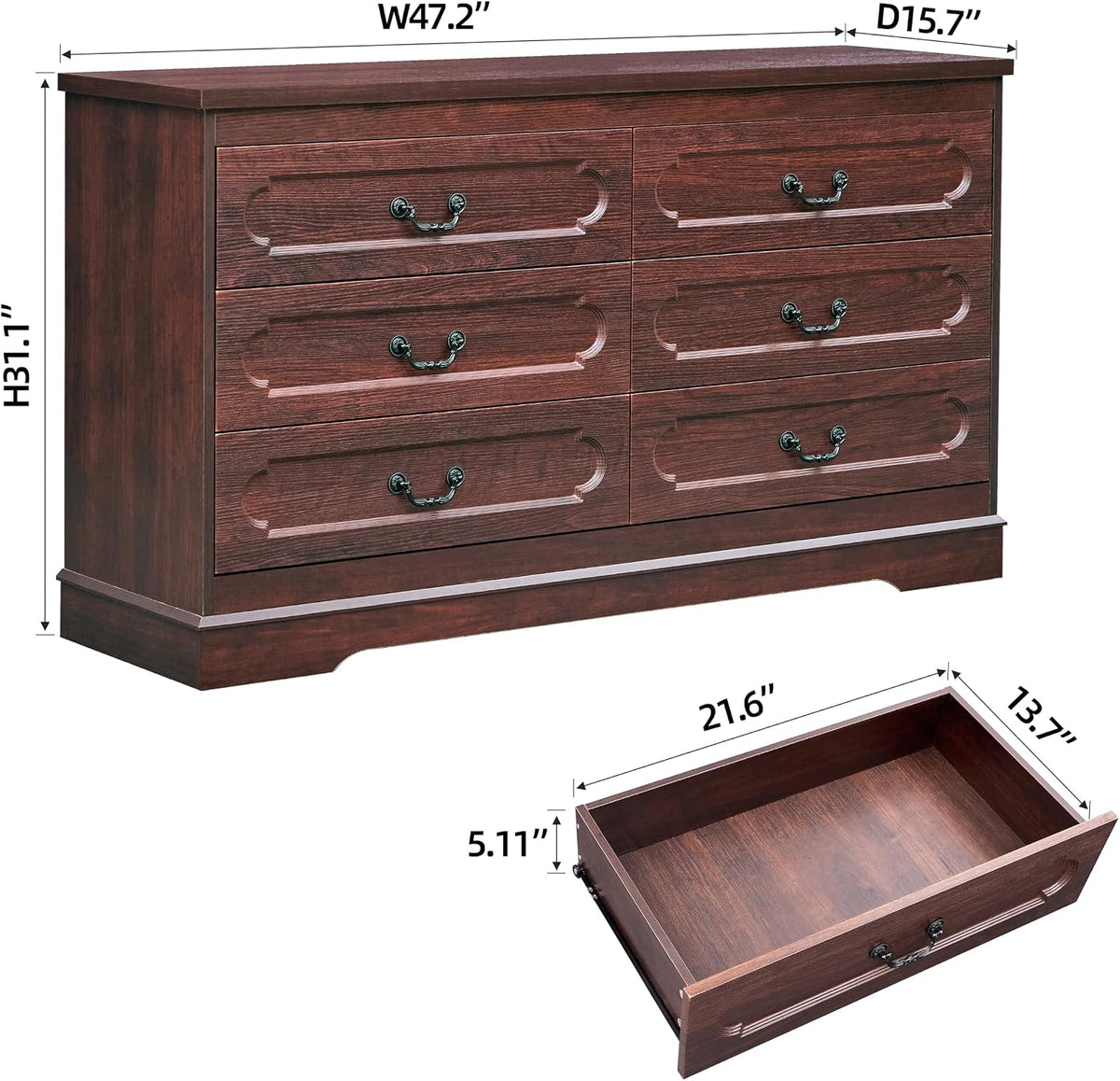 6 Drawer Dresser Cherry Bedroom Dresser 47.2" Wide Wood Cabinet | Farmhouse Wood Chest of Drawers , Modern Rustic