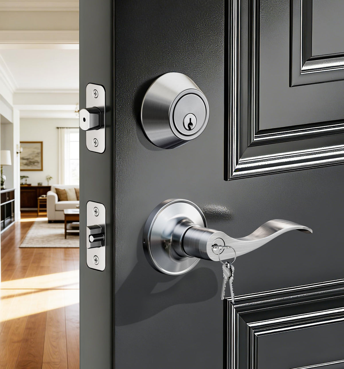 Keyed Alike Front Door Handle Lock Set with Deadbolt, Satin Nickel