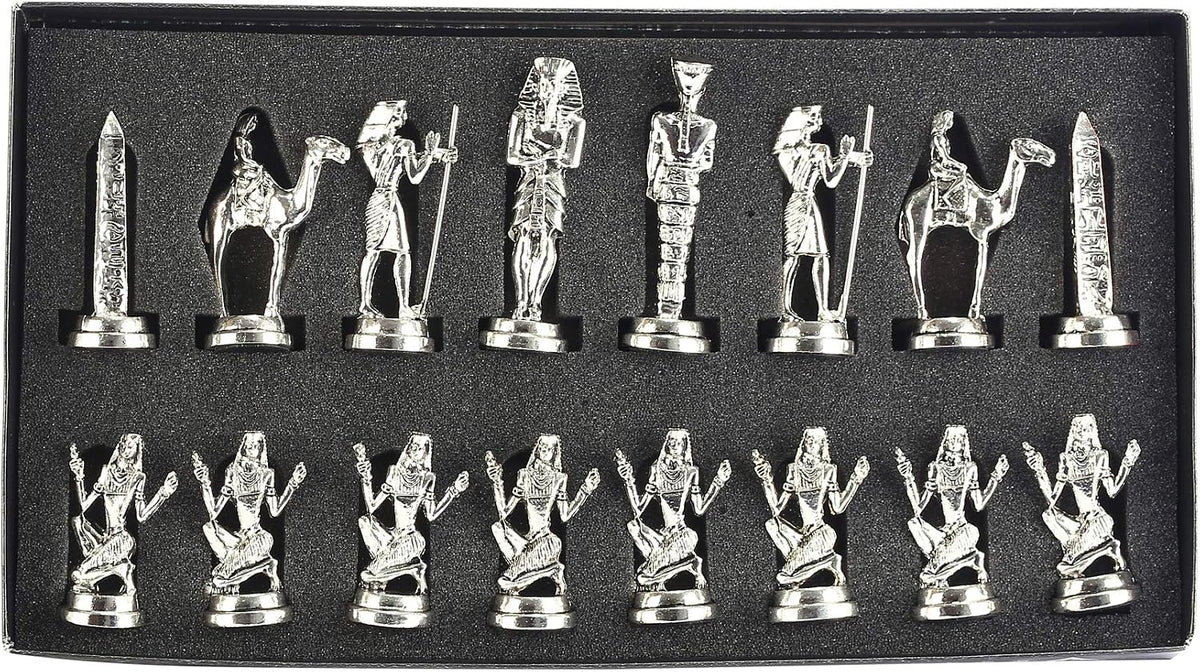 Historical Egypt Pharaoh Figures Metal Chess Set for Adults, Handmade Pieces and Natural Solid Wooden Chess Board