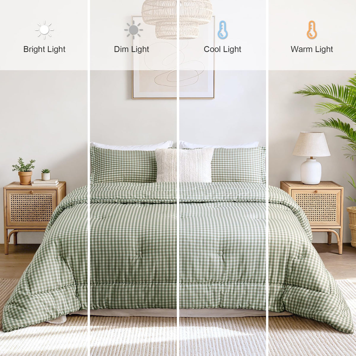 Comforter Set, Fluffy Green Gingham Plaid Bedding, 3 Pieces